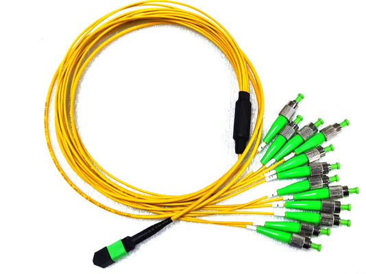 Buy 12 Fiber MPO APC Male to FC APC Fanout Patch Cord Single Mode 9/125um Breakout Yellow online manufacture